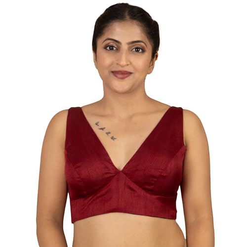 Image of FIGURE'S DESIGNER Women's Dupion Raw Silk Sleeveless V Neck Sabyasachi Cut Readymade Saree Blouse Padded Stitched S4