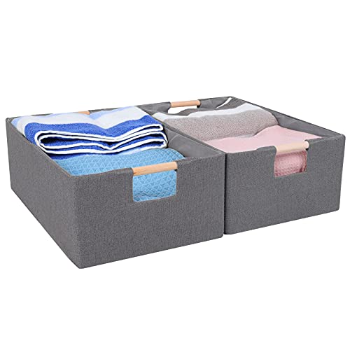 Anminy 2Pcs Storage Bins Set Large Foldable Cotton Linen Open Storage Baskets Box With Wood Handles Decorative Nursery Baby Kid Toy Clothes Towel Laundry Organizer Container Solid Color - Large, Gray #TOP1