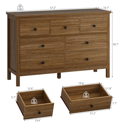 Image of LYNSOM Dresser for Bedroom with 7 Drawers, Natural Chest of Drawer with Black Handles, Wood Storage Dresser TV Stand Dressers for Closet, Living Room, Kids Room, Entryway, Oak