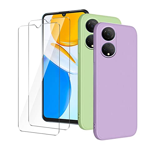 QFSM Funda + Cristal Templado para Honor X7 (6.74"), Shell Silicona Carcasa Suave TPU Case Cover y 9H Dureza Duradera Protectora Pantalla Glass Film Protector - Matcha Green + Purple Cover