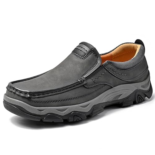 Men's Slip On Leather Loafers Retro Waterproof Driving Shoes with Hand-Stitched Thick Collar Slip-Resistant Comfort Low top Walking Shoes for Office Work, Travel & Outdoor