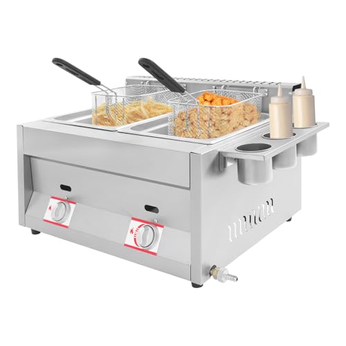 Double friteuse à gaz, 2 x 6 l, en acier inoxydable, avec panier amovible, réglage indépendant de la température, avec gobelet à épices, pour usage...