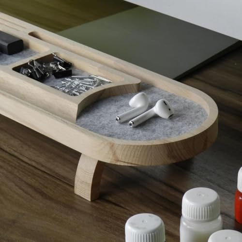 Image of Wooden Desk Organizer with Phone Stand, Multi-Compartment Stationery Holder, Natural Wood Finish (STYLE-5)