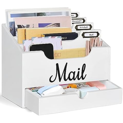 Desktop Mail Organizer with 4 Large Compartments and Drawer, Wood Mail Holder Sorter Organizer Holder,Countertop Desk Office Accessories Organizer for File Letter Paper Folder, Desk Drawer Organizer Cover