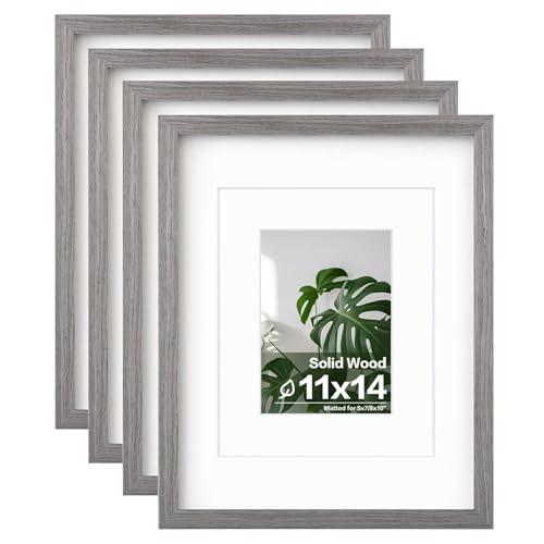 Egofine 11x14 Picture Frames Set of 4, Made of Solid Wood Covered by Plexiglass 5x7 and 8x10 with Mat or 11x14 without Mat, for Table Top Display and Wall Mounting Photo Frame Light Grey