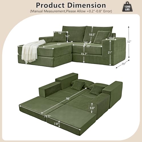 Image of L Shaped Boneless Couch Modular Sectional Sofa, Modern Cozy Corduroy Cloud Couch Loveseat with Ottoman, Memory Foam Convertible Sectional Sleeper Sofas for Living Room, Green