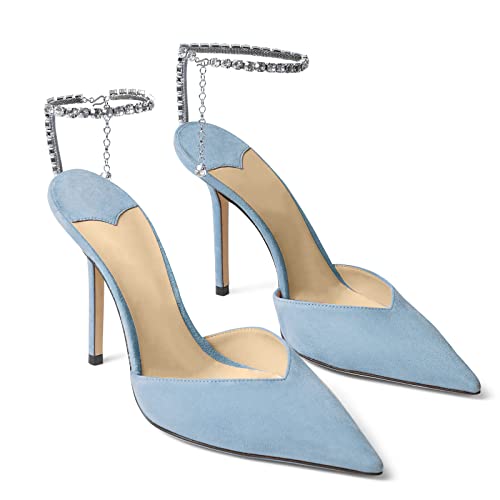 Image of LauraVicci Women's Heeled Sandals Crystal Chain Ankle Straps Rhinestones Buckle High Heels Stiletto Slip On Wedding Party Satin Dress Shoes