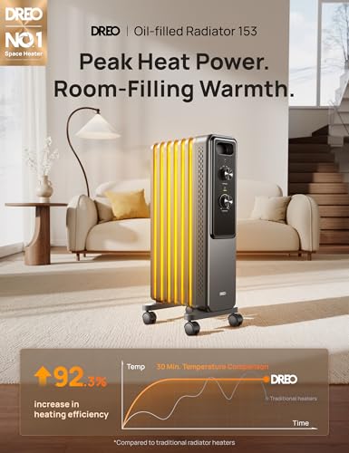 Image of DREO Radiator Heater, Quiet Electric Space Heater for Indoor Use Large Room | Dual Knobs, Energy Saving, 8 Safety Protection, 1500W Quiet Oil Filled Radiator for Bedroom, Adjustable Thermostat, Grey