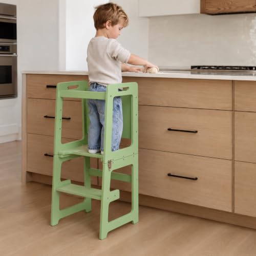 Image of Avenlur Toddler Tower, Date 4-in-1 Kitchen & Learning Tower (Green) | Avenlur Date 4-in-1 Kitchen Tower doubles as a kitchen stool for toddlers, montessori tower, and toddler tower table.
