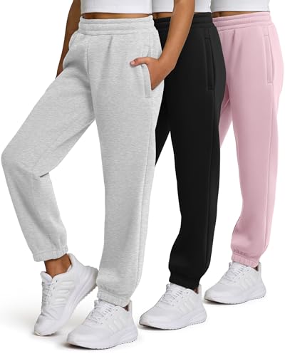 PURE CHAMP Girls Sweatpants 3 Pack Fleece Athletic Joggers Teen Sweat Pants with Zipper Pockets and Drawstring Size 4-16 (Set 2 Size 7/8)
