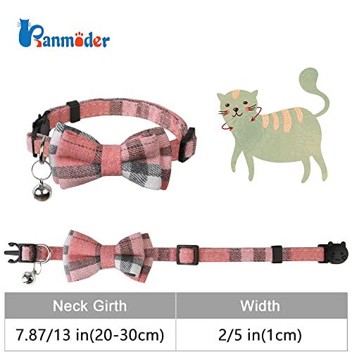 Image of Cat Collar Breakaway with Cute Bow Tie and Bell,Personalized Cute Plaid & Flower Patterns,1 or 2 Pack Gift for Adjustable Kitten Safety Collars (Pink)
