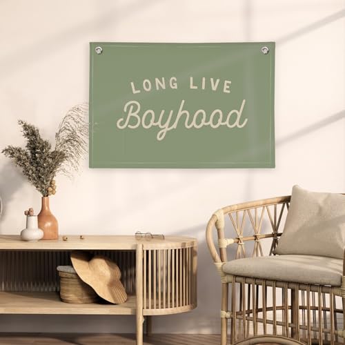 Image of Long Live Boyhood Boys Room Decor, Sage Green Nursery Playroom Toddler Boy Linen Canvas Banner Wall Hanging Flag Baby Little Boy Kids Teen Room Bedroom Decorations, 30x20 Inch