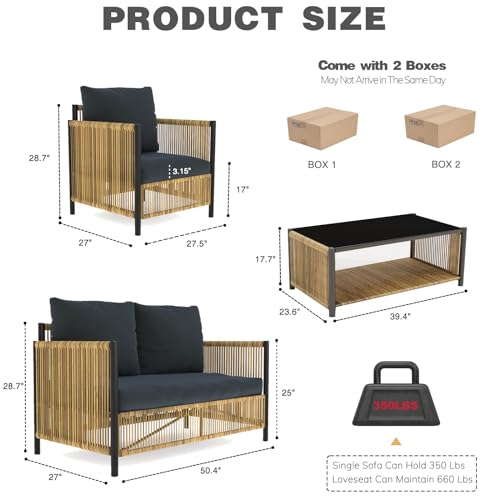 Image of 6 Pieces Aluminum Outdoor Patio Furniture Set - 4 Pcs Armchair, Loveseat & Dual-Layer Coffee Table - Rope Sectional Conversation Sofa Sets with Washable Thick Cushion for Garden Backyard Porch