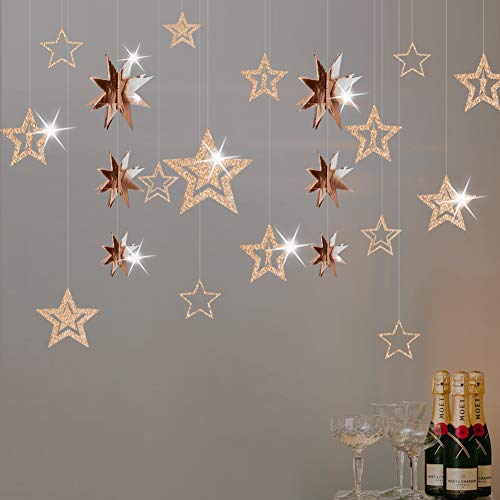20Pcs Glitter Champagne Gold Hanging Stars for Birthday Party Decorations Twinkle Little Starry Astronomy Party Decoration for Star Baby Shower Boy Girls Room Xmas Wedding Hen Party Supplies