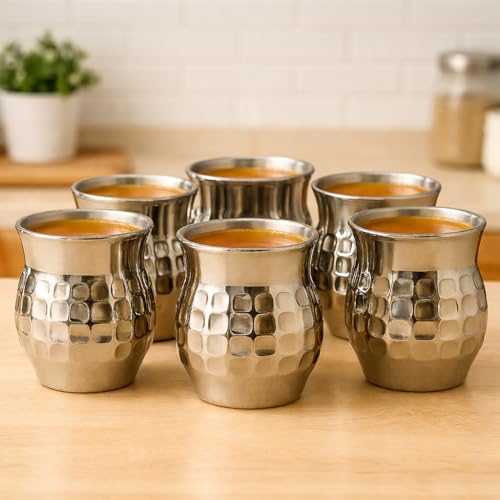 Image of STEEPLE Stainless Steel Kulhad Tea Cups 170 ml | Premium Hammered Tea & Coffee Cups | Steel Kulhad for Chai, Coffee, Milk & Juice | Drinking Cups for Home & Office (Set of 6)
