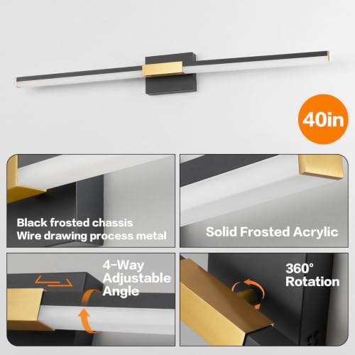 Image of SOLFART Vanity Lights for Bathroom 40-Inch: Black and Gold Dimmable Bathroom Light Fixtures Over Mirror, Built-in Dimmer, Thickened Aluminum Body, 360 Degree Rotation, ETL IP44