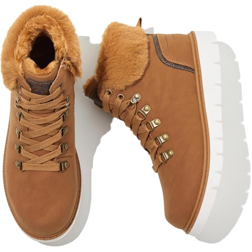 POVOGER Women’s Black Combat Boots Warm Fur Lined Winter Snow Boots for Women Lace Up Side Zipper Mid-Calf Fashion Booties(Camel,07)