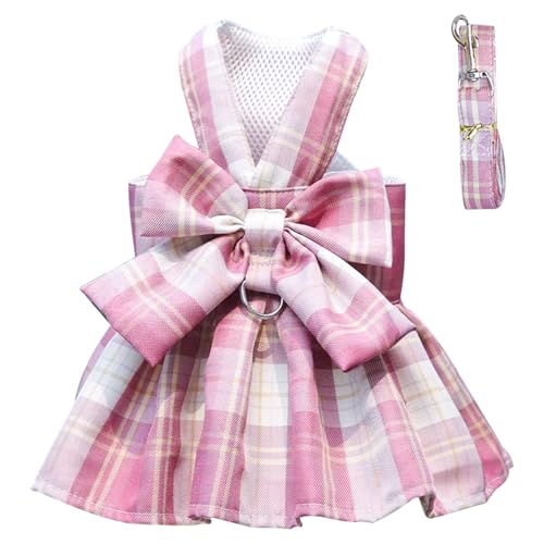 Baipesiy Dog Plaid Dress with Large Bow and Adjustable Harness Leash, Vest Style Skirt for Small Dogs and Cats, Cute Girl Dog Clothes, for Birthdays, Weddings, Parties, and Photoshoots (M, Dark Pink)