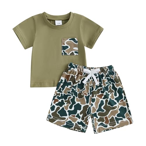 Image of PUHHAPIEY Toddler Baby Boy Summer Clothes Retro Camo Hunting Shirts T-Shirt + Camouflage Shorts Set 6 12 18 24 Months 2T 3T