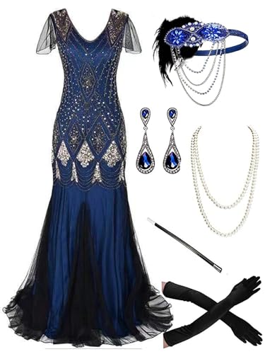 Image of 869A - Plus Size 1920s Vintage Fringed Gatsby Sequin Dimand Tassels Flapper Party Cocktail Dress with Accessories