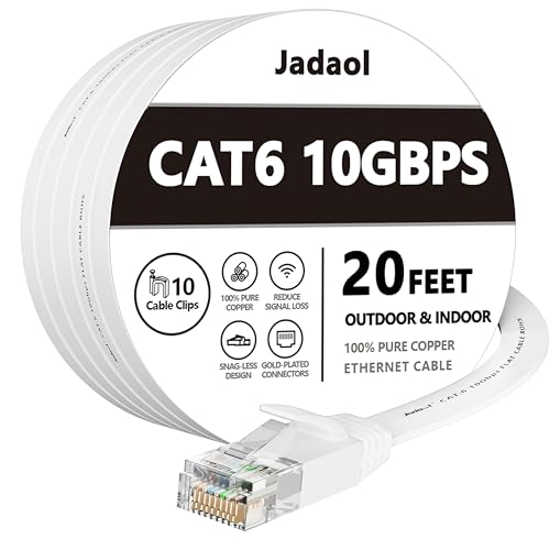 Jadaol Cat6 Ethernet Cable 20FT with Clips 10Gbps Flat Network Cable, White