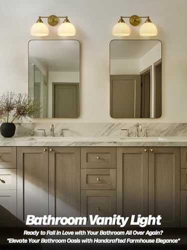 Image of 2-Lights Milk White Glass Wall Sconce Lighting Brass Finished, Double Arm Bathroom Vanity Light Fixture for Bedroom Living Room Dining Room Hallway