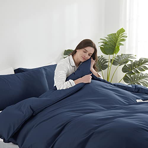 Image of Hearth & Harbor Navy Blue Duvet Cover Cal King Size, 3 Piece Bedding Set | Soft Double Brushed Bedding Set, Button Closure, 1 Duvet Cover 104x98 Inches, 2 Pillow Shams