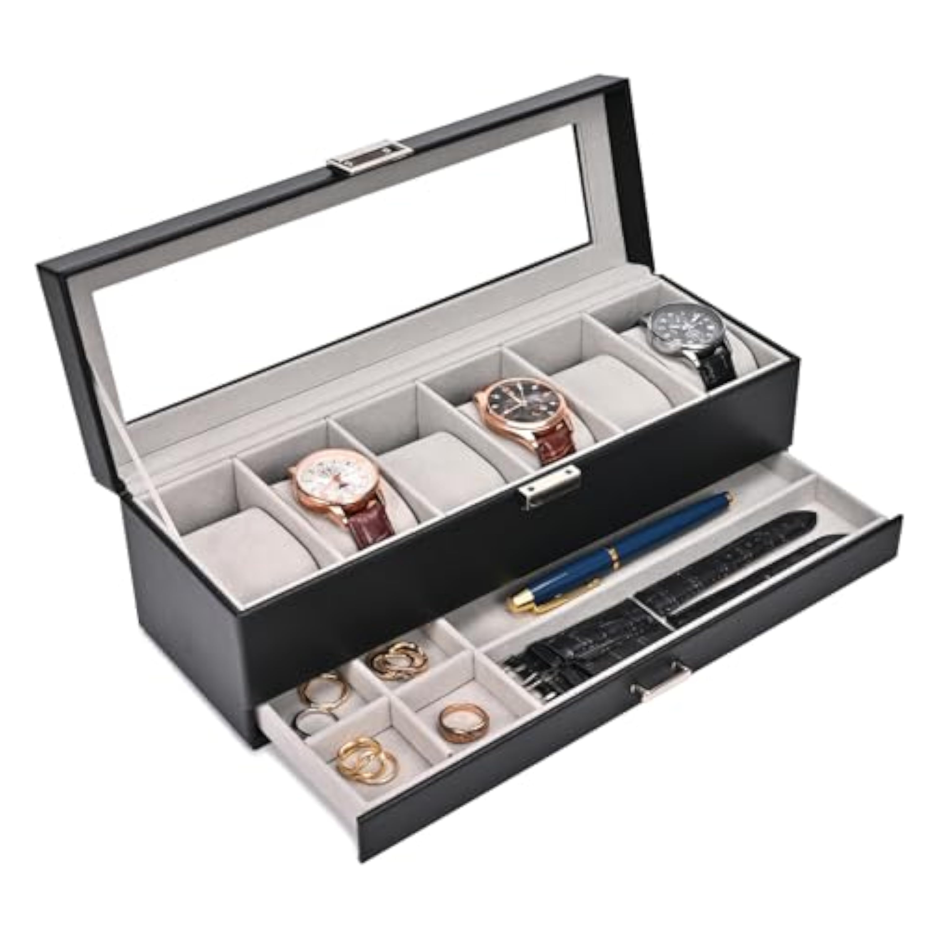ProCase Caja de Relojes de 6 Ranuras con Cajón, Funda Organizadora de Reloj de 2 capas con Tapa de Cristal, Estuche de Almacenamiento para Hombres y Mujeres -Negro