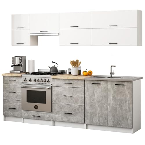 AKORD | Set di Mobili da Cucina Olivia 2.4m G2 | Cucina Completa Piccola | Componibile | su Misura 46 x 180 x 174 cm | Per un design moderno e Tradizionale | Bianco & Cemento Frontale