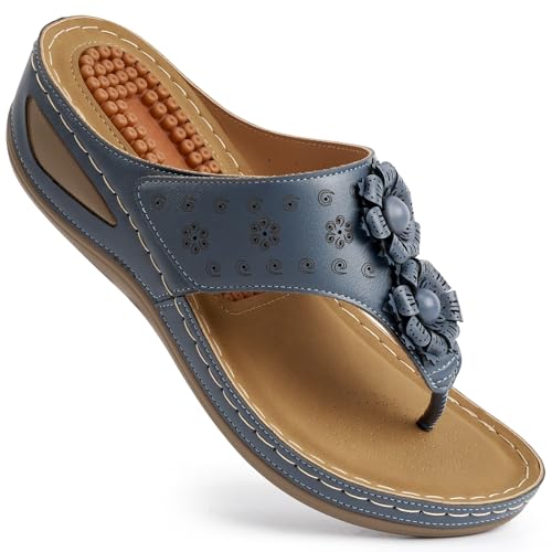Image of Ecetana Womens Wedge Flip Flops: Orthopedic Cushion Non Slip Sandals - Comfortable Walking for All Day - Stylish Flower Adjustable Thong Sandals for Summer Casual Outing
