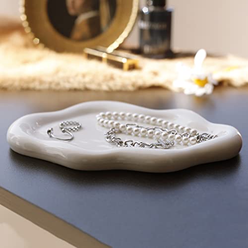 Image of Jewelry Dish Trinket Tray for Women, Ring Dish Holder, Unique Cloud Shape Ceramic Plate Cute Things Vanity Aesthetic Room Decor Mother's Day Birthday (White)