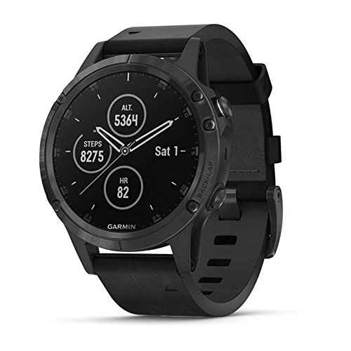 Garmin fenix 5 Plus, Premium Multisport GPS Smartwatch, Features Color Topo Maps, Heart Rate Monitoring, Music and Contactless Payment, Black with Leather Band