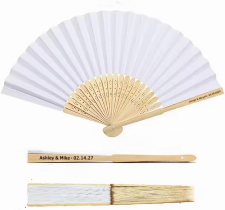 Personalized Engraved White Folding Paper Hand Fan with Gift Bag & Customed Fan Party Wedding Supplies Souvenir (60)