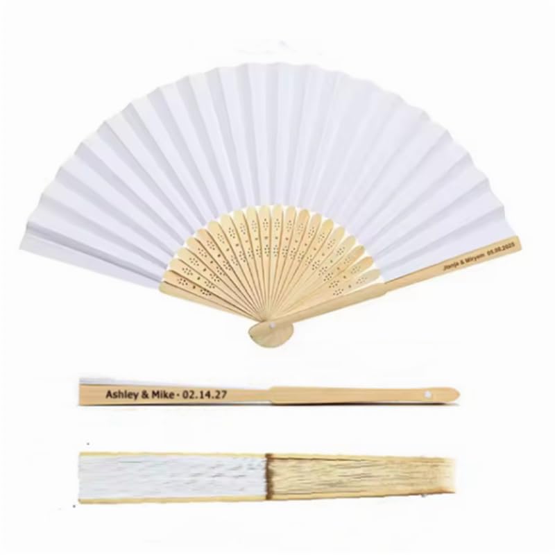 Personalisiert Gravierte Weiße Faltbare Papier Handfächer mit Geschenkbeutel & Individuelle Fächer Party Hochzeitszubehör Souvenir (60)