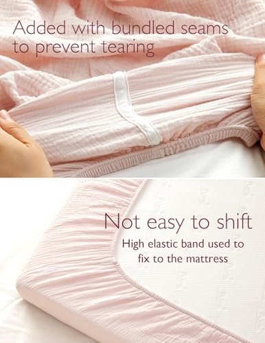 Image of Momcozy Muslin Standard Fitted Crib Sheets, 52 inchx28 inch, 2 Pack Soft Breathable Natural Cotton Baby Mattress Sheet, 360 Mattress Wrapping No Slip Boys Girls Neutral Toddler Bed Sheet, Beige Blush