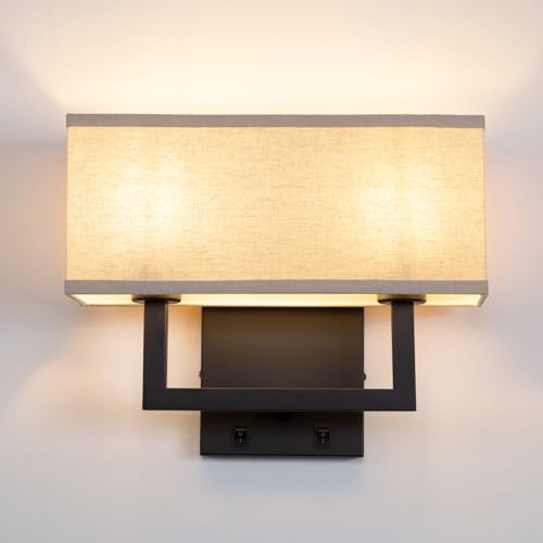 Image of Yosoan Linen Fabric Boho Wall Sconce Bedside Light with On Off Switch, 2-Light Finished Hardwired Vintage Industrial Dual Wall Mount Lamp Lighting Square Shade for Bedroom Living Room Stairwell(Black)