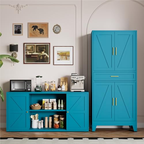 Image of LCAOPC 71 inch Tall Pantry Storage Cabinet with Drawer and Adjustable Shelves, Freestanding Tall Kitchen Cupboard Storage Cabinet for Kitchen,Dining Room, Living Room, Blue