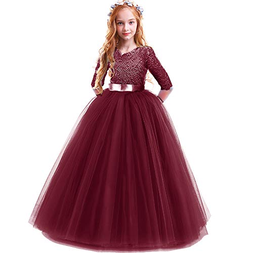 Flower Girls 3/4 Sleeve Deep V-Back Tulle Vintage Lace Wedding Party Long Dress Princess Communion Pageant Maxi Gown2