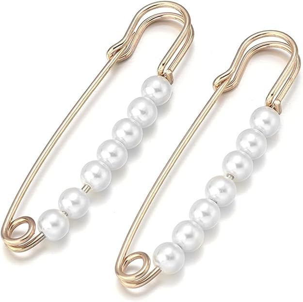 Pearl Brooch Safety Pin, Decorative Faux Pearl Alloy, for Shawl Hijab Sweater, Multi Design, 2 Pieces, 7.5 cm Length-image-49