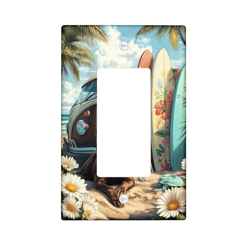 Placas de cubierta de interruptor de luz para perro de playa, cachorro marrón costero con tablas de surf, decoración de pared de verano, placas de pared termoplásticas, balancín individual de tamaño