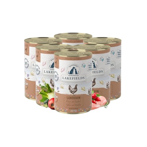 Lakefields Premium Welpenfutter Nass | Huhn 61% | 6 x 400g | Getreidefreies Hundefutter für Welpen | Natürliche Zutaten in Lebensmittelqualität | Karotten, Kartoffeln & Apfel | Schonend gegart
