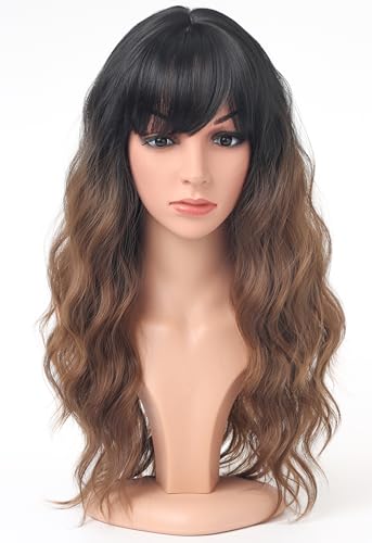 Long Wavy Wig with Straight Bangs for Women - Black to Dark Brown Ombre Synthetic Hair Wig, Natural Fluffy Heat Resistant Cosplay Daily Party Wig