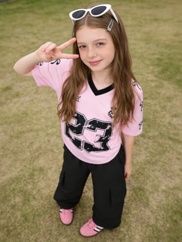 Image of Tween Girls Clothes Short Sleeve Graphic T-Shirt Top + Cargo Pants 2pcs Outfit Set, Size 7-15Years