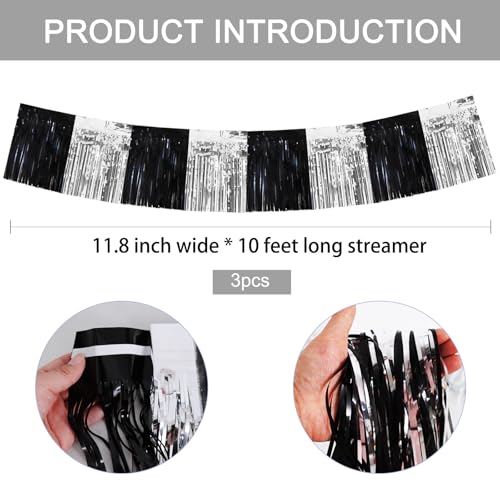 Image of BEISHIDA 3 Packs Metallic Foil Fringe Garland Black Silver Wall Hanging Tinsel Fringe Banners for Car Floats Bridal Shower Wedding Birthday Easter Graduation Holiday Party Decoration(30 Feet)