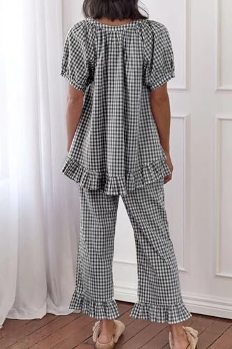 Image of codcm Womens Gingham Pajama Set 2 Piece Short Sleeve Babydoll Shirt and Pants Lounge Set Cute Sleepwear