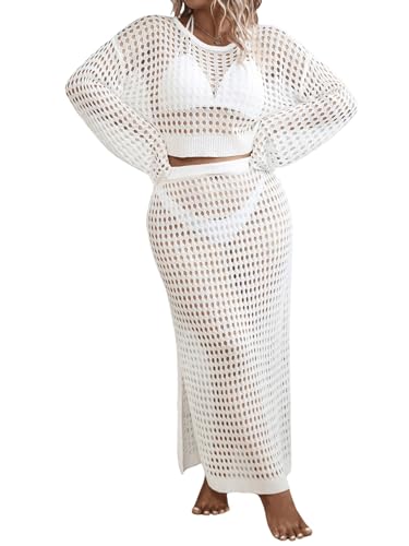 Women's 2 Piece Plus Size Cover Up Sweater and Split Thigh Skirt Set Beach Swim Cover Up Outfit3