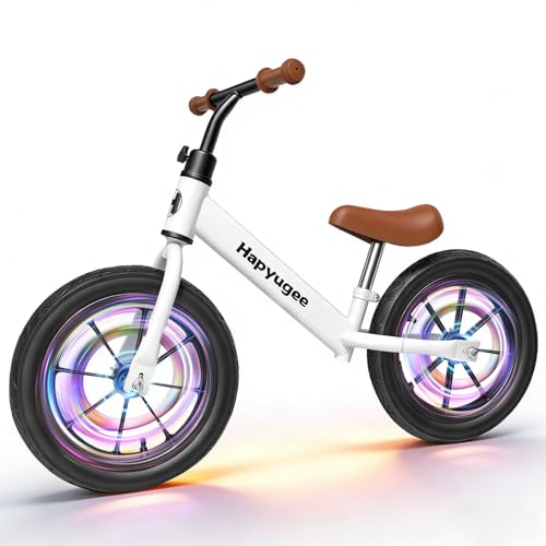 Hapyugee Bicicleta de equilibrio para niños pequeños, ruedas de iluminación de 14 pulgadas, neumáticos de aire, bicicletas de equilibrio para niños de 3 a 6 años con asiento ajustable, bicicleta de