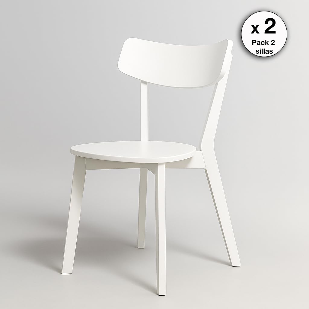 Homely® | Pack 2 sillas Comedor Cody | Auténtico Estilo Escandinavo y Minimalista, para tu Comedor o Cocina | Respaldo Ergonómico Curvado, Tablero Lacado y Madera Maciza Rubberwood | Lacado Blanco