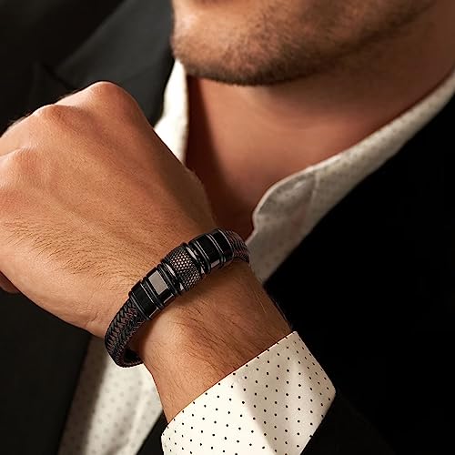 JoycuFF Men's Braided Leather Bracelet Stainless Steel Clasp Engraved Gift for Dad Husband Boyfriend Son Grandson Brothe