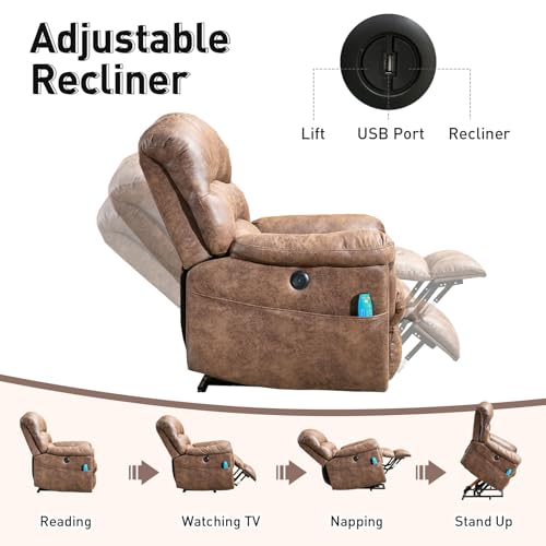 Bonzy Home Power Lift Chairs Recliner with Massage and Heating, Electric Recliner Chair with 24\" Wide Seat for Big People, Full Padded Backrest, Waterproof Faux Leather, USB Charging Ports, Brown